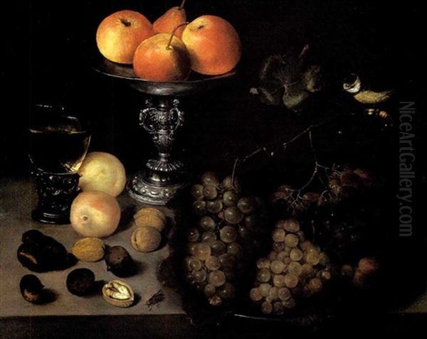 Nature Morte Aux Plat De Raisins, Verre De Vin, Pommes Et Poires Dans Un Coupe En Argent Oil Painting by Pieter Binoit