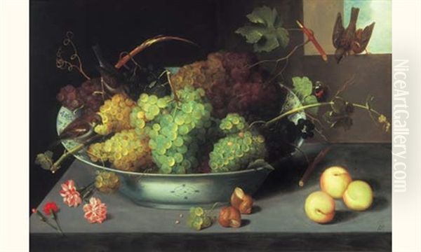 Nature Morte Au Bol De Raisins Et Trois Oiselets Oil Painting by Pieter Binoit