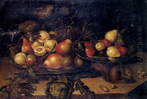 Nature Morte Aux Plats De Fruits Et Ecureuil Sur Un Entablement Oil Painting by Pieter Binoit