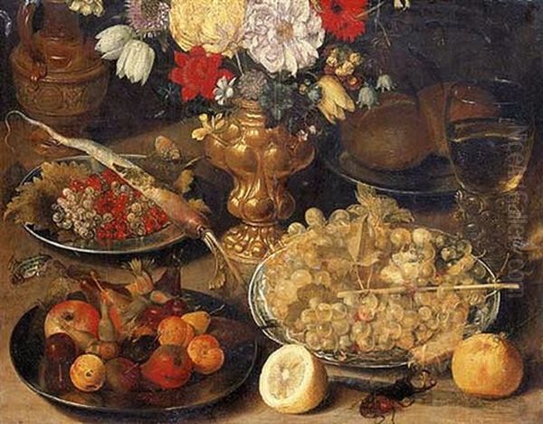 A Vase Of Flowers, Silver Platters With Fruit And Rolls, Grapes In A Delftware Bowl, A Roemer Of Wine, An Ewer, A Beetle And A Butterfly, Half A Lemon And A Peach On A Table Oil Painting by Pieter Binoit