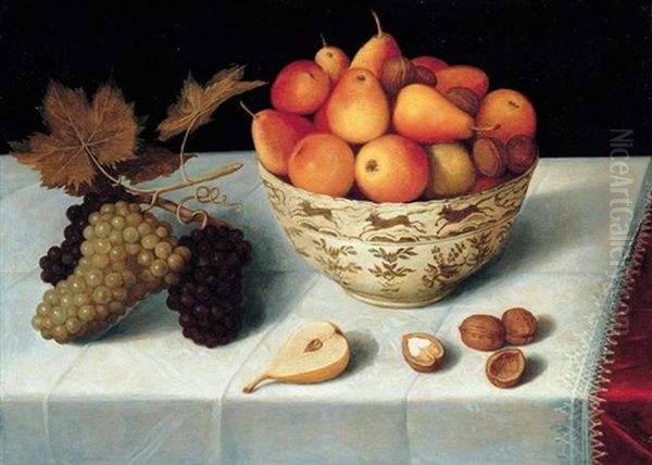 A Still Life Of Apples, Pears And Walnuts In A Porcelain Bowl Together With A Bunch Of Grapes, Walnuts And Half A Pear Resting On A Table Oil Painting by Pieter Binoit