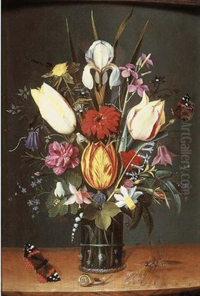 An Iris, Tulips, Forget-me-not, Lilies Of The Valley And Other Flowers In A Roemer On A Wooden Ledge, With A Snail, A Dragonfly And Two Butterflies Oil Painting by Pieter Binoit