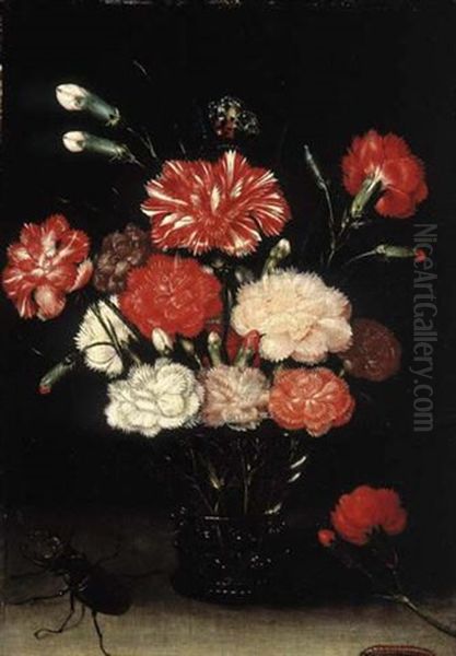 Carnations In A Roemer With A Butterfly, A Caterpillar And A Stag Beetle Oil Painting by Pieter Binoit