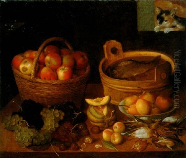 Un Chat Observant Par Une Lucarne Des Fruits, Poissons Et Gibier Poses Sur Une Table Oil Painting by Pieter Binoit