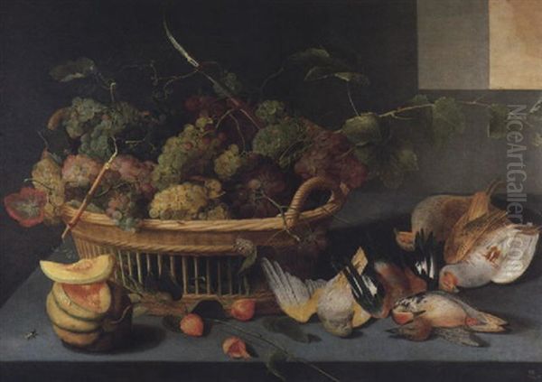 Stilleben Mit Weintrauben In Einem Korb Sowie Einer Melone Und Erlegtem Federwild Auf Einem Steinernen Tisch Oil Painting by Pieter Binoit