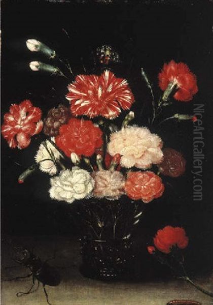 Carnations In A Roemer With A Butterfly, A Caterpillar And A Stag Beetle Oil Painting by Pieter Binoit