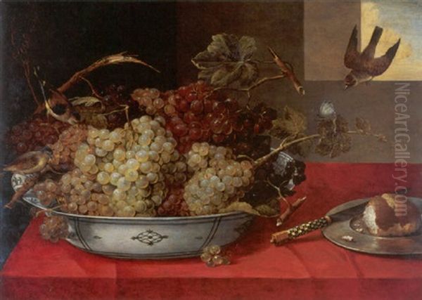 Still Life Of Grapes In A Wanli Kraak Porcelin Bowl, A Bread Roll On A Pewter Plate And A Knife, All Resting On A Table Oil Painting by Pieter Binoit