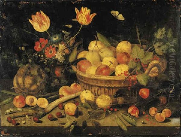 Plums And Redcurrants In A Basket, Tulips, Poppies And Other Flowers In A Vase, With A Gourd, Peas, A Parsnip And Other Fruit On A Stone Ledge Oil Painting by Pieter Binoit