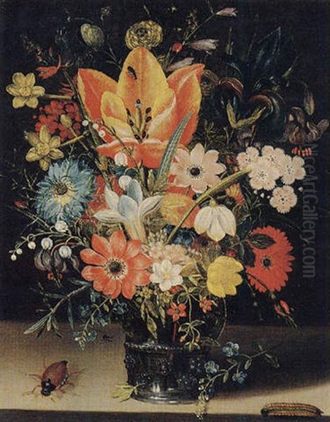 Still Life Of Tulips, Carnations, Daisies And Other Flowers In A Glass Vase With A Betle, An Ant And A Caterpillar, All Upon A Stone Ledge Oil Painting by Pieter Binoit