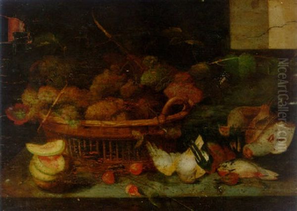 A Basket Of Grapes, With Other Fruit And Dead Birds On A Ledge by Pieter Binoit