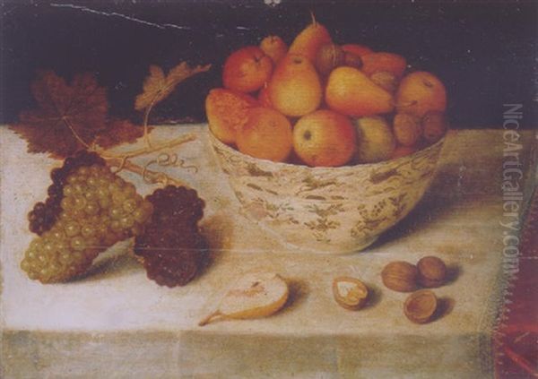 Apples, Pears And Walnuts In A Wan-li Bowl, With Grapes, A Pear And Walnuts On A Draped Table by Pieter Binoit