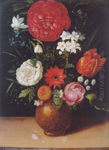 A Still Life Of Roses, Narcissi. A Tulip, A Snowdrop And Other Flowers In A Pottery Vase On A Wooden Ledge Oil Painting by Pieter Binoit