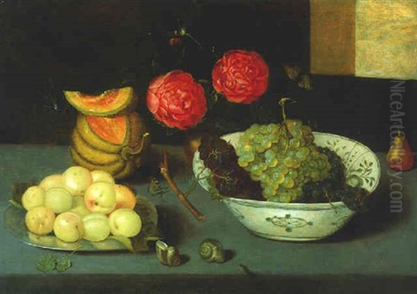 Fruit In A Bowl With A Vase Of Red Roses, Shells, A Dragonfly And Other Insects On A Ledge Oil Painting by Pieter Binoit