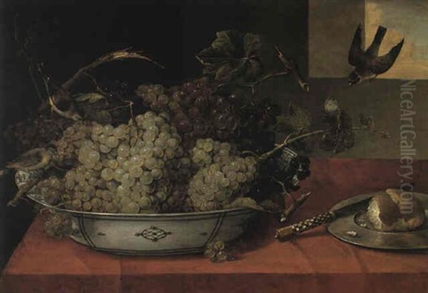 Bunches Of Grapes In A Bowl, Bread On A Plate And Finches On A Draped Table Oil Painting by Pieter Binoit