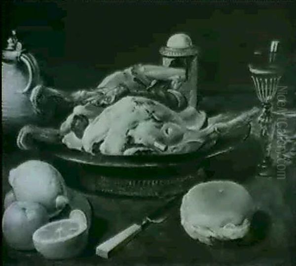 Still Life Of Chickens On A Plate, With Bread, Oranges And  A Lemon, Glasses, A Salt Cellar, A Knife And Jug On A Table Oil Painting by Pieter Binoit