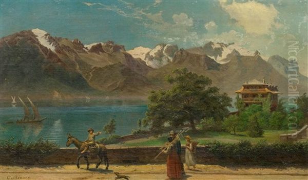 View Of Lake Geneva And The Alps Oil Painting by Carl (Baron) von Binzer