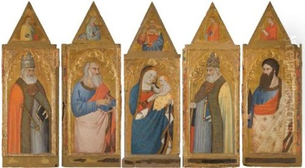 The Madonna And Child Flanked By An Evangelist, Probably John, And Saints Peter, Gregory And Bartholomew (collab W/workshop)(polyptych) Oil Painting by Giovanni del Biondo