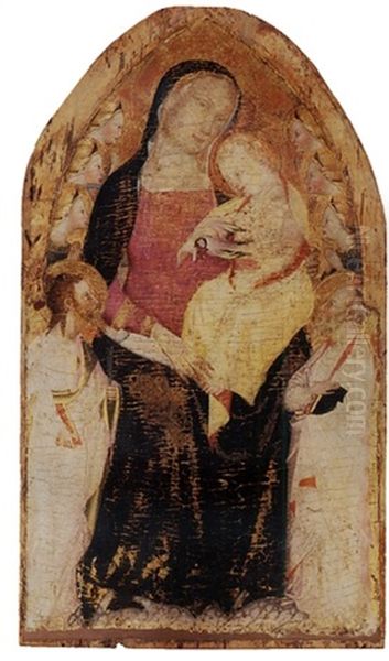 The Madonna And Child With Saint Bartholomew, A Saint With A Book And Six Angels Oil Painting by Giovanni del Biondo