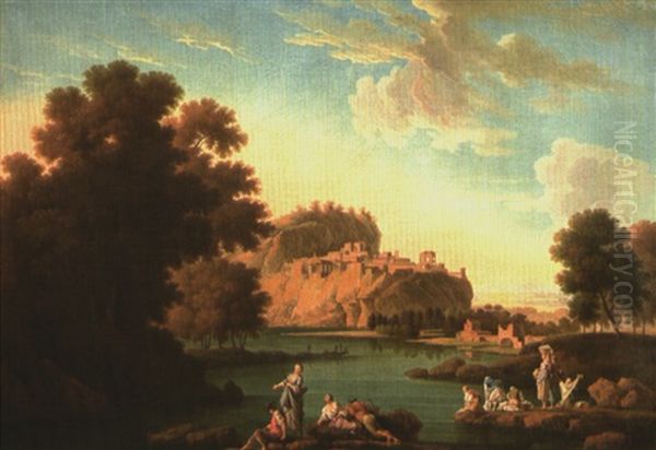 Paysage Avec Pecheurs Et Lavandieres Oil Painting by Charles-Jerome Biot