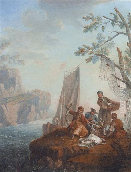 Paysage Mediterraneen, Avec Pecheurs En Barque Relevant Leur Filet, Et Marins Sur La Greve Admirant Un Poisson Volant Oil Painting by Charles-Jerome Biot