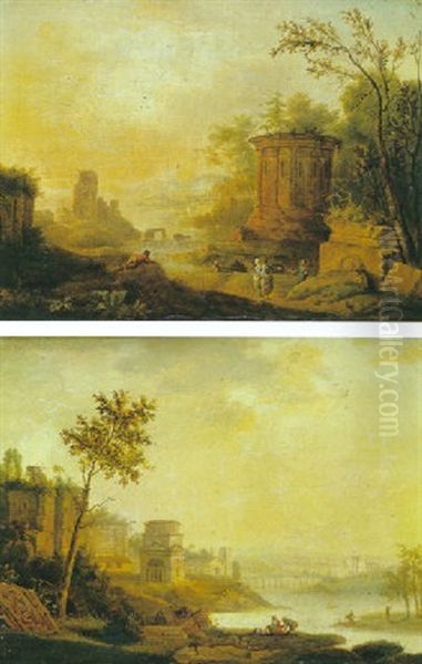 Paysage Bord De Riviere Avec Le Temple De Vesta Oil Painting by Charles-Jerome Biot