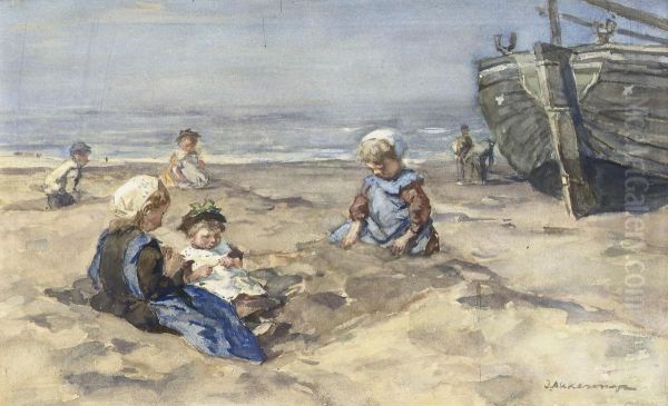 Children On The Beach Oil Painting by Johannes Evert Akkeringa