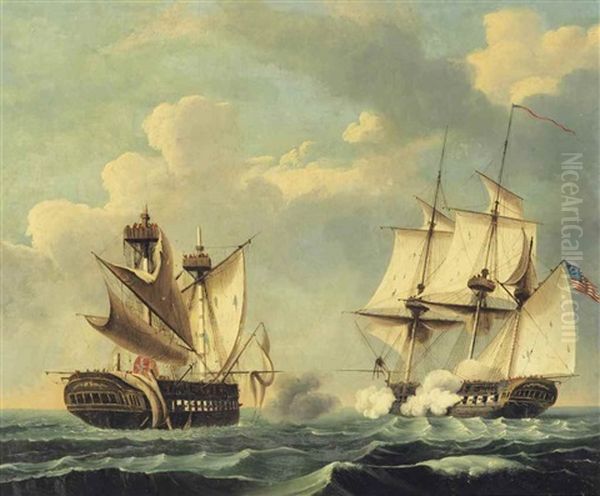 The H.m.s. Macedonian Surrendering To The U.s.s. United States Commanded By Captain Stephen Decatur Oil Painting by Thomas Birch