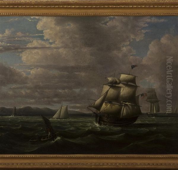 American Bark And Other Shipping Off A Coast Oil Painting by Thomas Birch