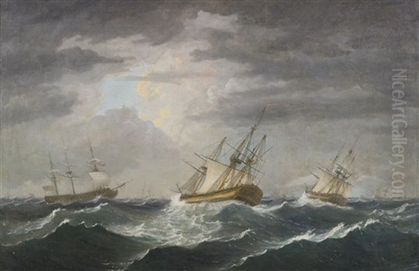 Ships In Choppy Seas Oil Painting by Thomas Birch