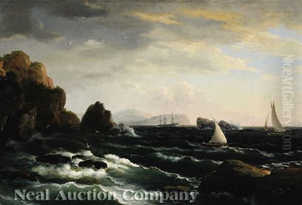 Fishing Boats Off Rocky Coast With Schooner In The Distance Oil Painting by Thomas Birch