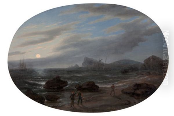 Evening Coastal Scene Oil Painting by Thomas Birch