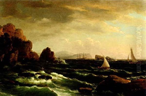 Fishing Boats Off A Rocky Coast With A Fishing Schooner In The Distance Oil Painting by Thomas Birch