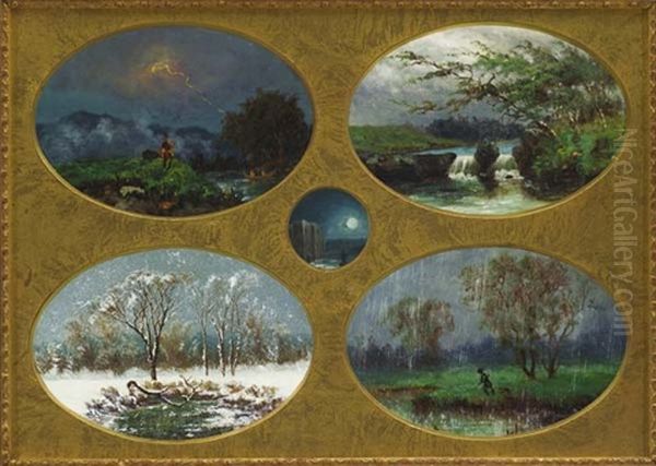 Landscape (+ 4 Others; 5 Works In 1 Frame) Oil Painting by Thomas Birch