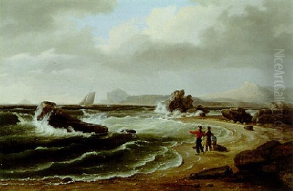 Three Figures On Shore Oil Painting by Thomas Birch