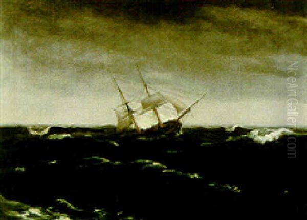 A Brig In Rough Waters Oil Painting by Thomas Birch