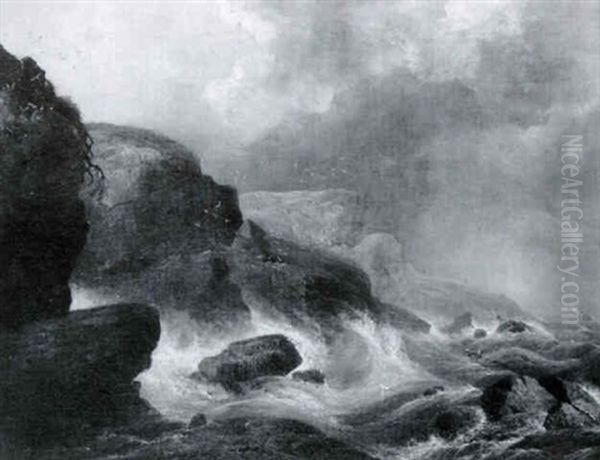 Storm Waves The Battering Rocky Coast Oil Painting by Thomas Birch