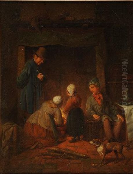 Cottage Interior With Family Gathered Around Askindling Is Added To The Fire Oil Painting by Jacob Akkersdyk