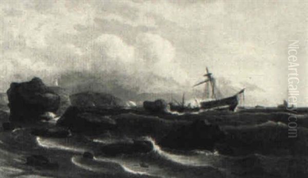 Ship At Stormy Sea Oil Painting by Thomas Birch