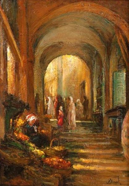 Marchand De Fruits Devant Une Casbah D'alger Oil Painting by Alphonse Birck