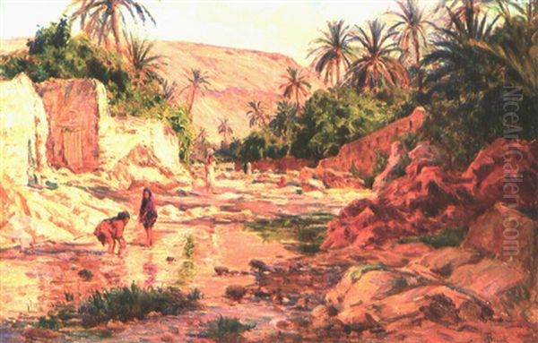 Dans L'oued De Bou-saada Oil Painting by Alphonse Birck