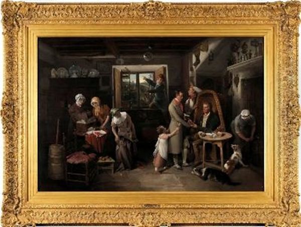 The Departure For London', Interior Scene With Figures Preparing For A Son's Departure Oil Painting by Edward Bird