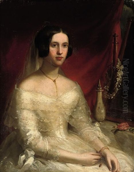 Portrait Of A Lady In A Wedding Dress Seated At Her Dressing Table Oil Painting by Isaac F. Bird