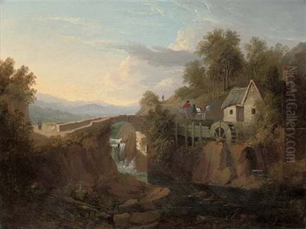 A Wooded Hilly River Landscape With A Watermill, And Figures And A Horse And Cart Beyond Oil Painting by John (of Liverpool) Bird