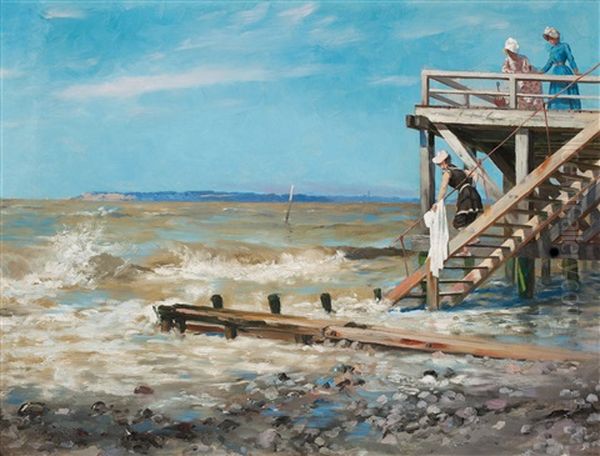 Badbrygga Vid Stranden Av Engelska Kanalen (jetty On The Beach Of The English Channel) Oil Painting by Hugo Birger