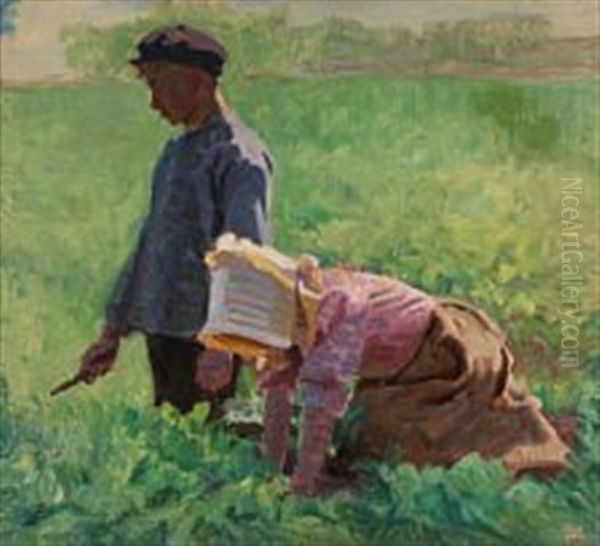 Two Children Weeding In A Field Oil Painting by Jens Birkholm