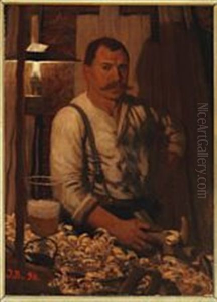 Portrait Of Carpenter Lauritz Lassen In His Workshop In Berlin Oil Painting by Jens Birkholm