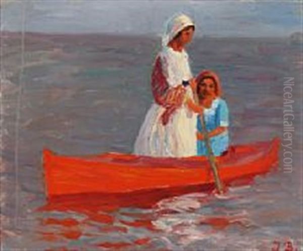 Two Women In A Boat Oil Painting by Jens Birkholm