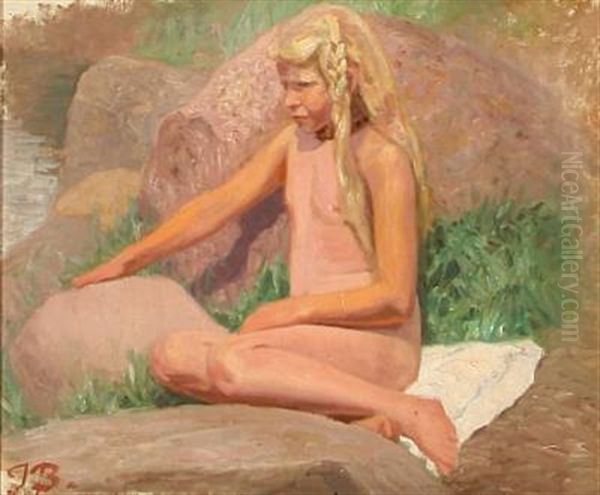 Naked Girl On A Beach (study For Painting) Oil Painting by Jens Birkholm