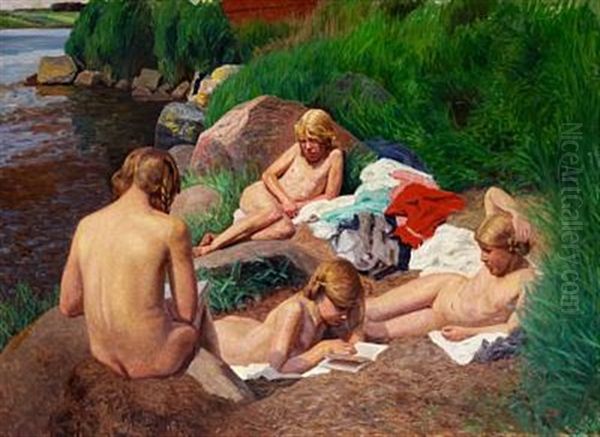 After The Swim. Girls Sunbathing In The Grass At The Sea Between Faborg And Dyreborg, Funen by Jens Birkholm