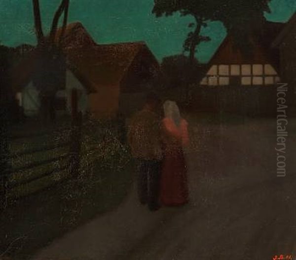 Aften I Landsbyen (evening In The Village) Oil Painting by Jens Birkholm